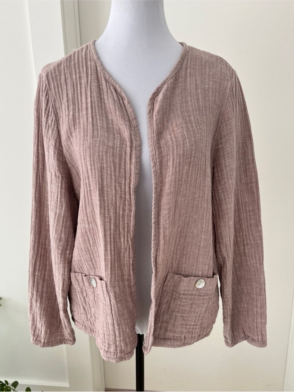 TAHARI Open Front Linen Blend Gauzy Jacket Contrast Cuff Coastal Casual Travel